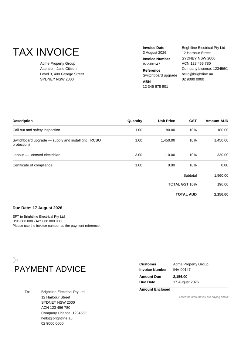 A finished Payo PDF: Xero-style tax invoice with GST column and a tear-off payment advice slip